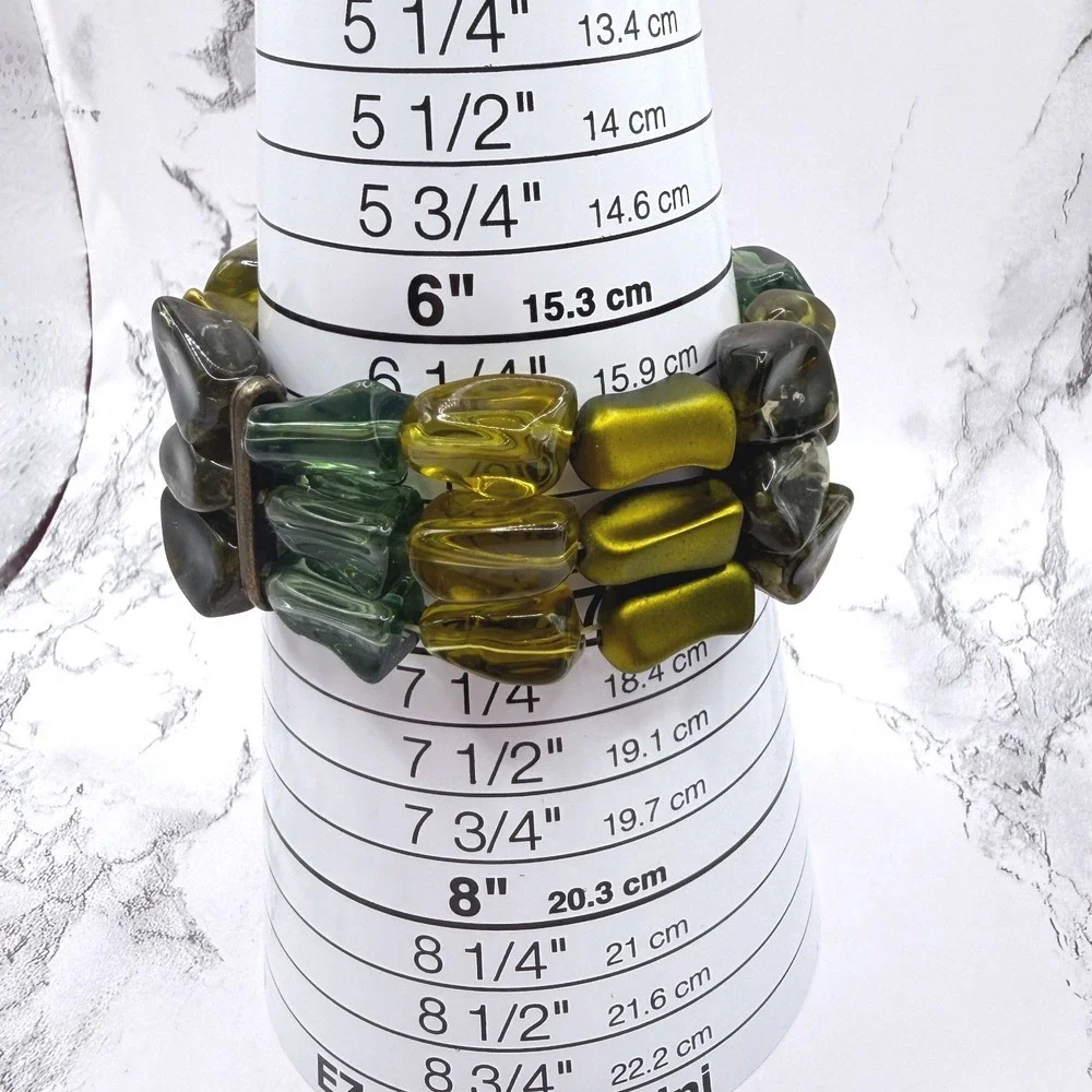 Green Amber Bead Stretch‎ Bracelet Chunky Vintage Style 7 Inch
